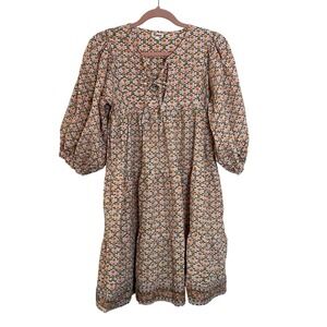 Karni Block Print Knee Length Dress Size XXS Pink Green Floral Balloon Sleeves‎